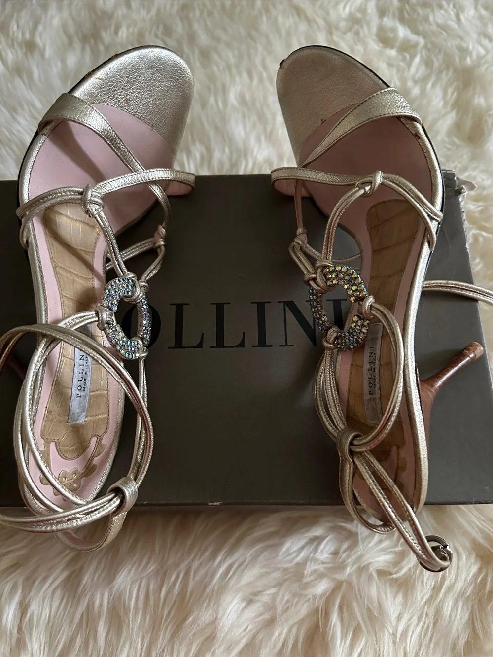 Pollini Metallic Gold Strappy Sandals with Pink Insole and Crystal Ring